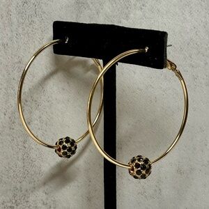 NWT Gold Black Rhinestone Hoop Earrings | Crystal Ball Hoops | Statement Jewelry